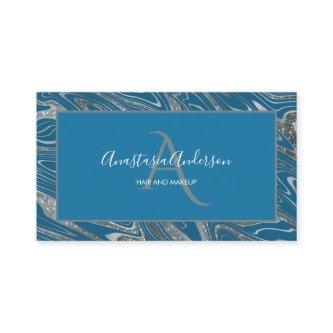 Girly Teal Blue Silver Marble Glitter Monogram