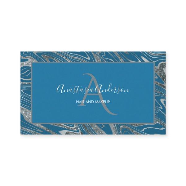Girly Teal Blue Silver Marble Glitter Monogram