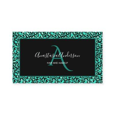 Girly Teal Green Leopard Spots Chic Black Monogram