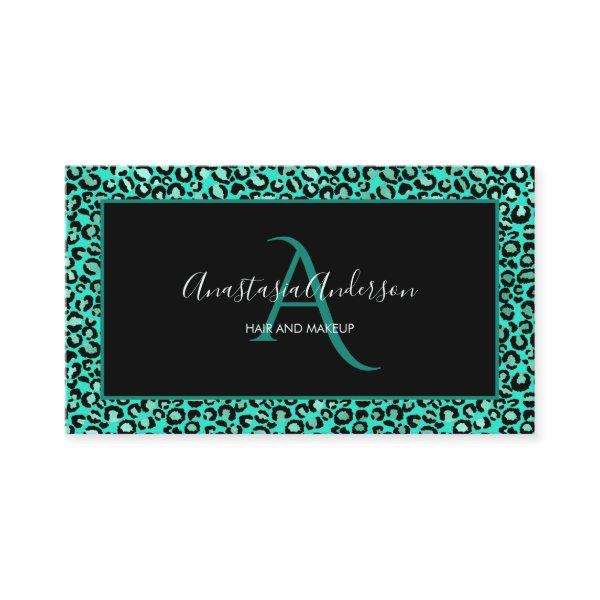 Girly Teal Green Leopard Spots Chic Black Monogram