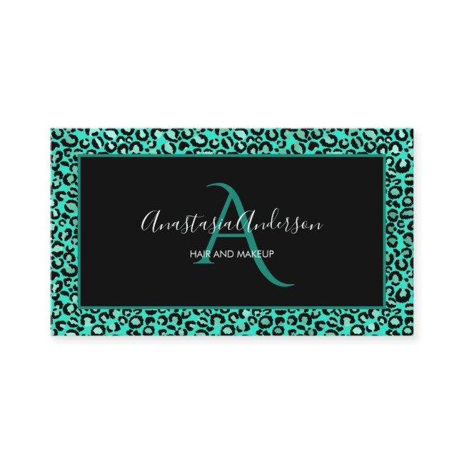 Girly Teal Green Leopard Spots Chic Black Monogram