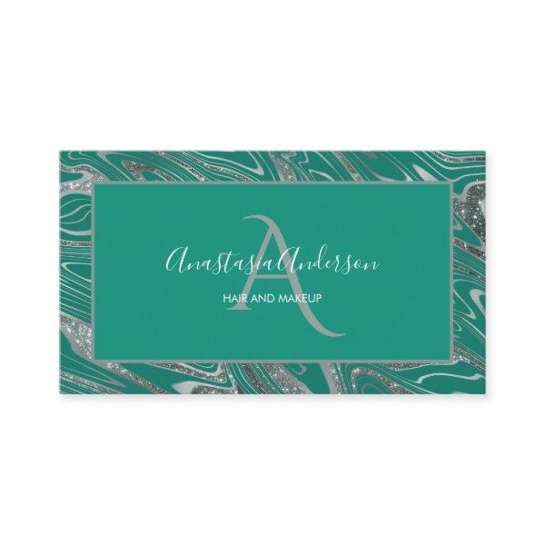 Girly Teal Green Silver Marble Glitter Monogram