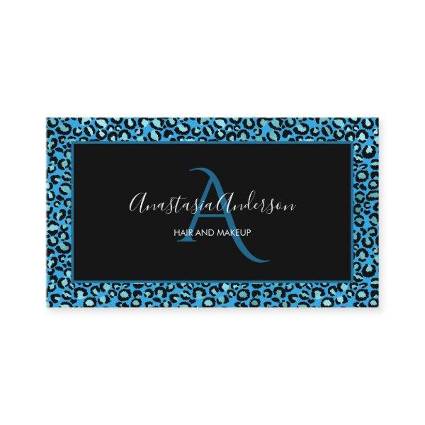 Girly Teal Turquoise Leopard Spots Black Monogram