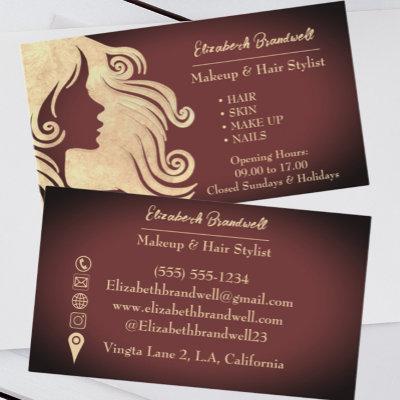 Girly Trendy Wine Red & Gold Makeup Hairstylist