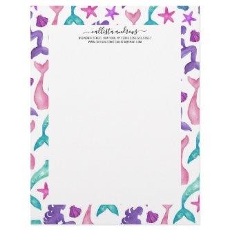 Girly Watercolor Mermaids Tales Seashells Pattern Letterhead