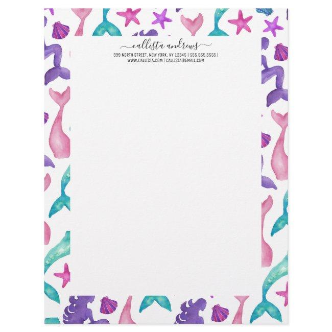 Girly Watercolor Mermaids Tales Seashells Pattern Letterhead