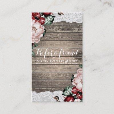 Glam Floral Rustic Wood & Lace Chic Refer a Friend Referral Card