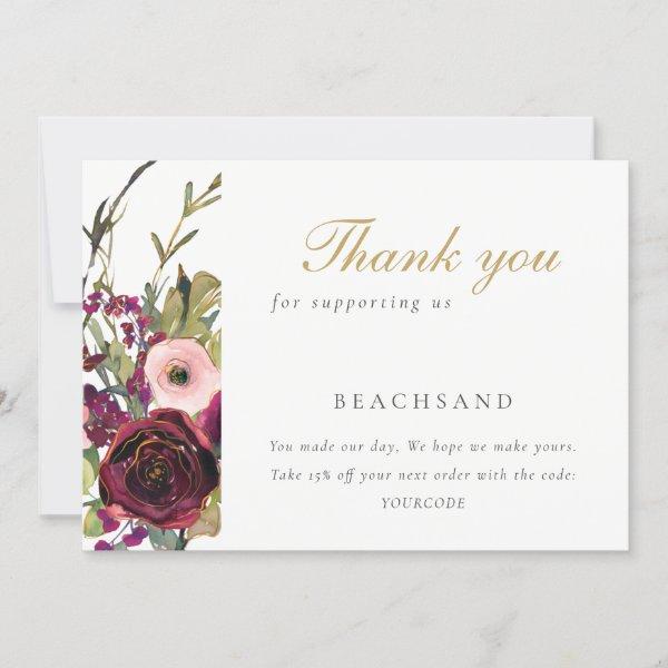 Glam Gold Blush Burgundy Rose Floral Business  Thank You Card
