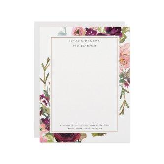 Glam Gold Blush Burgundy Watercolor Rose Floral Letterhead