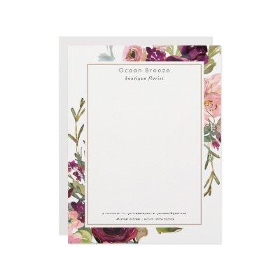 Glam Gold Blush Burgundy Watercolor Rose Floral Letterhead