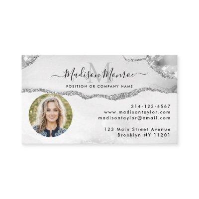 Glam Silver Gray Glitter Logo Photo Agate Monogram