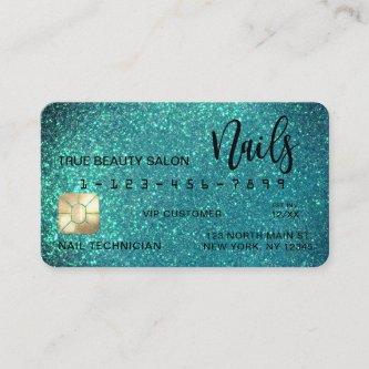 Glam Sparkly Teal Glitter Credit Card Nail Tech