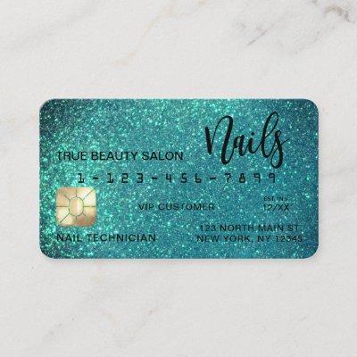 Glam Sparkly Teal Glitter Credit Card Nail Tech