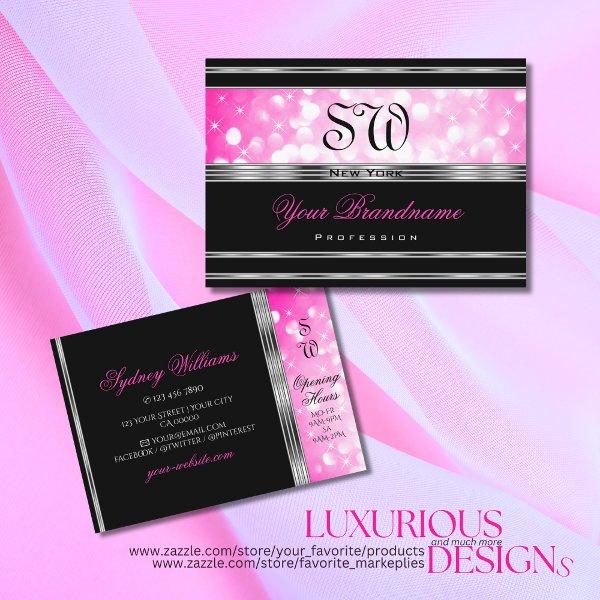 Glamorous Black Girly Pink Glitter Initials Silver