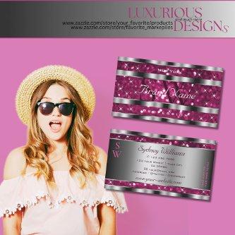 Glamorous Girly Pink Glitter Stars Monogram Silver