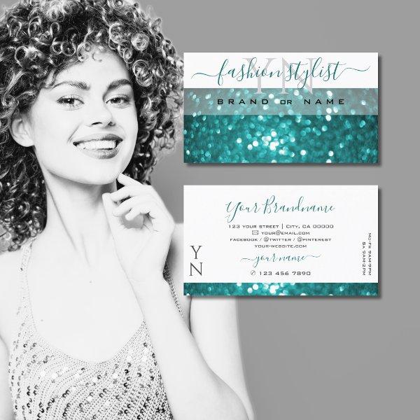 Glamorous White Teal Sparkle Glitter with Monogram