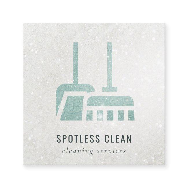 Glitter Aqua Blue Teal Broom Cleaning Service Square
