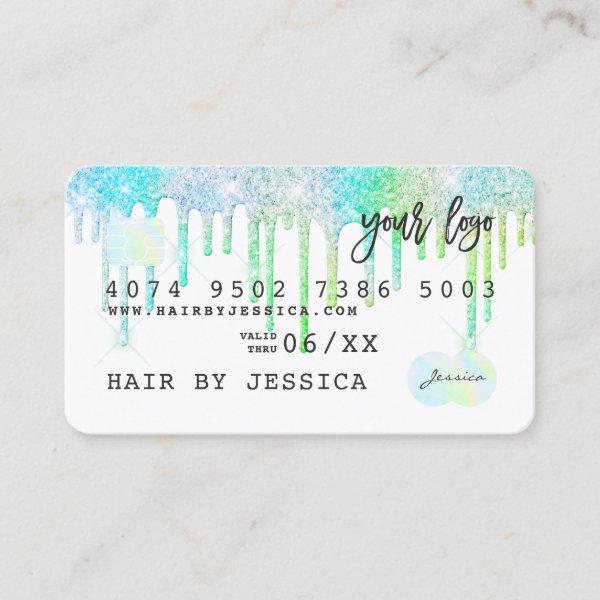Glitter drips Credit card holographic rainbow mint