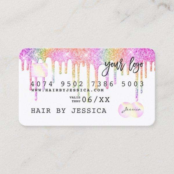 Glitter drips Credit card holographic rainbow pink