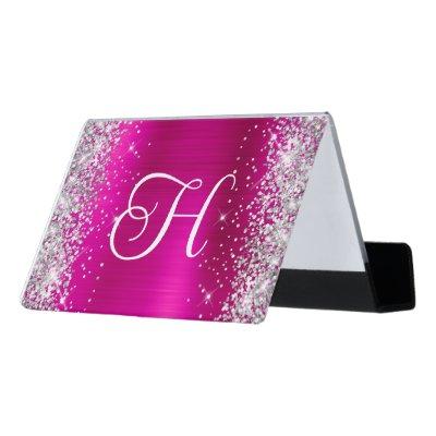 Glittery Silver and Hot Pink Glam Monogrammed Desk  Holder
