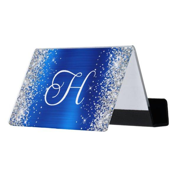 Glittery Silver and Royal Blue Glam Monogrammed Desk  Holder