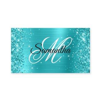 Glittery Turquoise Blue Foil Fancy Monogram