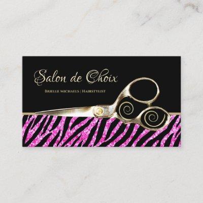Glitzy Hot Pink Zebra Print Gold Scissors Salon
