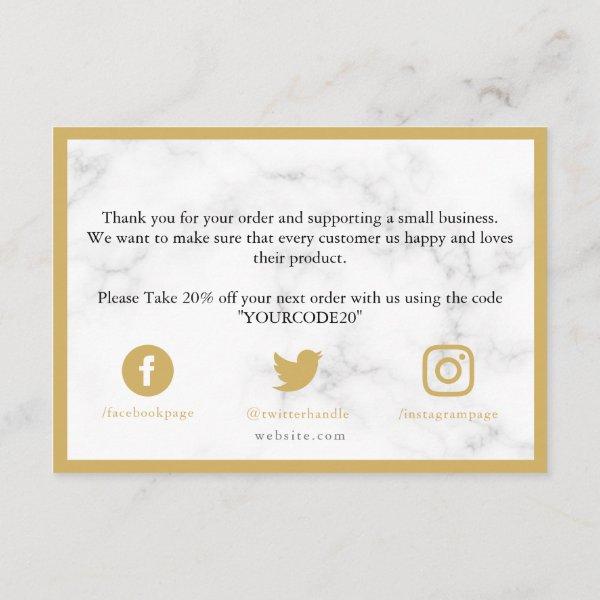 Gold and white marble effect, customer thank you e enclosure card