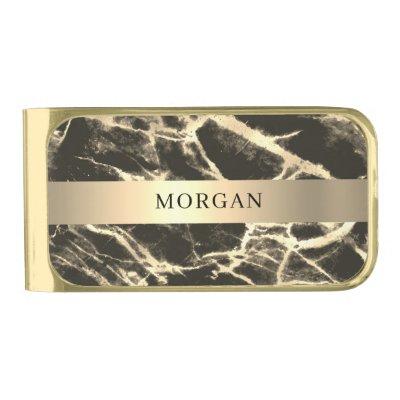 Gold Band, Black & Gold Marble, Name Business Gold Finish Money Clip