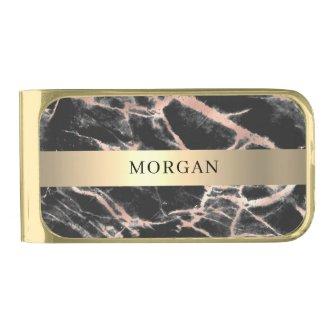 Gold Band, Black & Rose Gold Marble, Name Business Gold Finish Money Clip