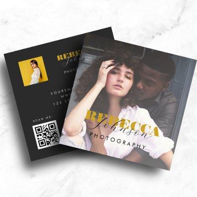 Gold Black Bold Script 2 Photo Minimal QR Code     Square