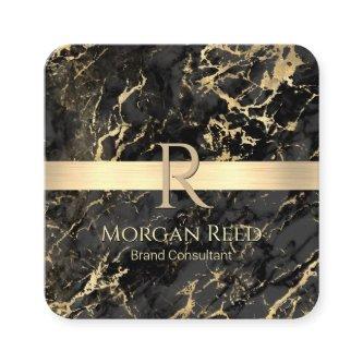 Gold & Black Marble, Gold Bar, Name Monogram Info Square