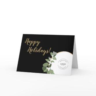 Gold black Modern Wreath Your Logo Business Happy Holiday Card