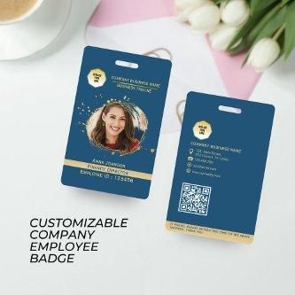 Gold & Blue Employee QR Code Tag, Add Photo & Logo Badge