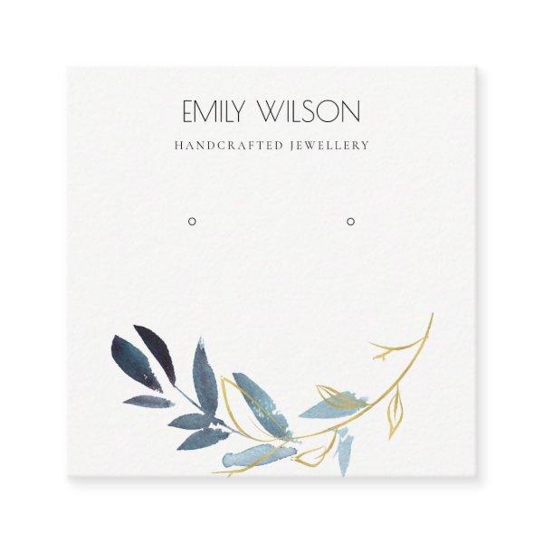 GOLD BLUE FOLIAGE WATERCOLOR EARRING DISPLAY LOGO SQUARE