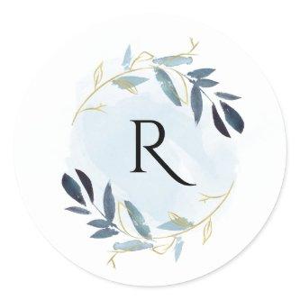 GOLD BLUE FOLIAGE WATERCOLOR WREATH MONOGRAM CLASSIC ROUND STICKER