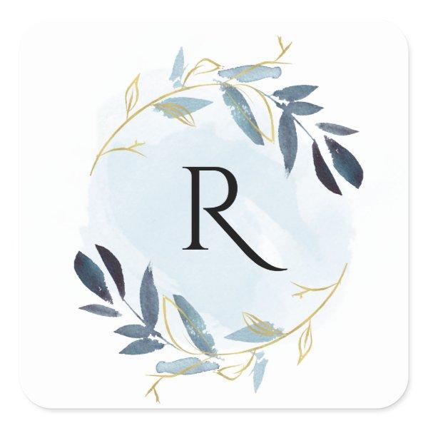 GOLD BLUE FOLIAGE WATERCOLOR WREATH MONOGRAM SQUARE STICKER