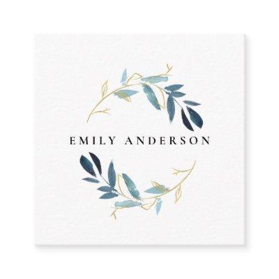 GOLD BLUE FOLIAGE WATERCOLOR WREATH PROFESSIONAL SQUARE