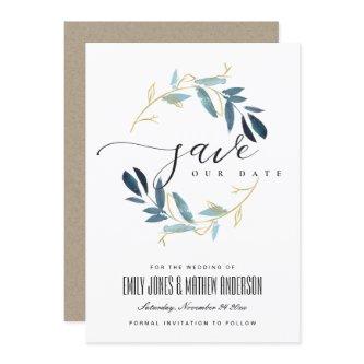 GOLD BLUE FOLIAGE WATERCOLOR WREATH SAVE THE DATE INVITATION