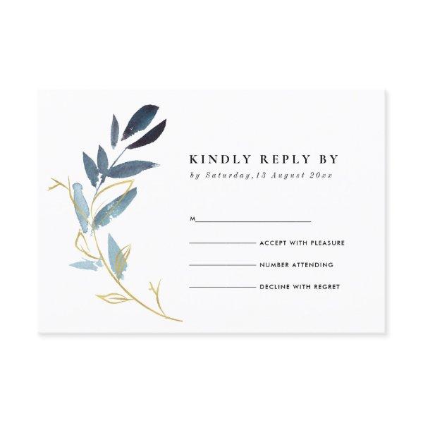 GOLD BLUE FOLIAGE WATERCOLOR WREATH WEDDING RSVP ENCLOSURE CARD