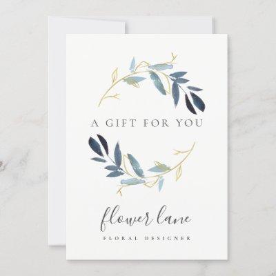 GOLD BLUE FOLIAGE WREATH GIFT CERTIFICATE CARD