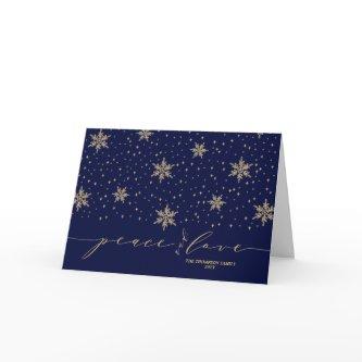 Gold & Blue Snowflakes Peace & Love Christmas Holiday Card