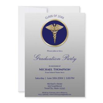 Gold Caduceus Blue Medical Graduation Invitation