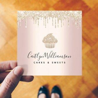 Gold Cupcake Glitter Drips Bakery Pastry Chef Pink Square