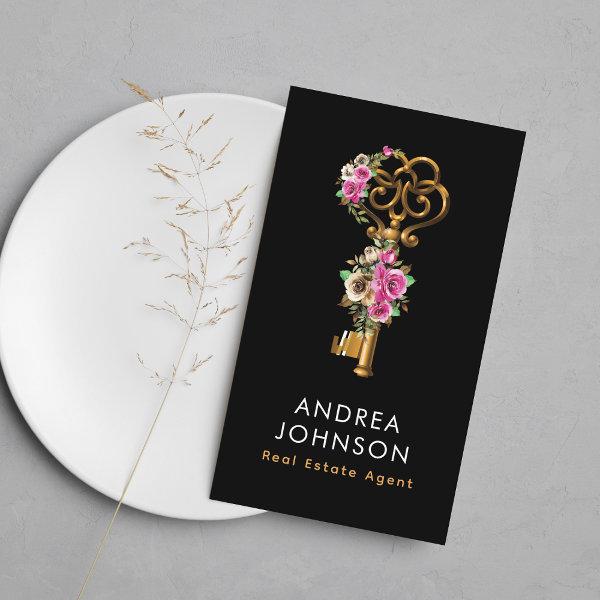 Gold Floral Key Logo Real Estate Add QR Code Photo