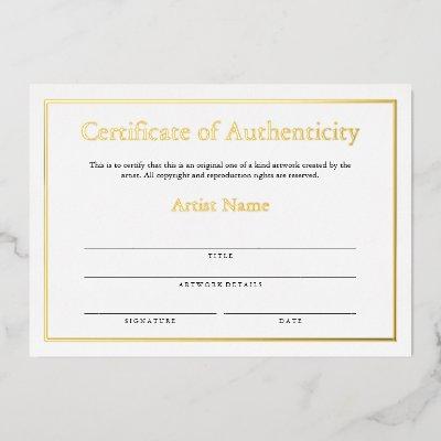 Gold Foil Certificate of Authenticity for Art Foil Holiday Card