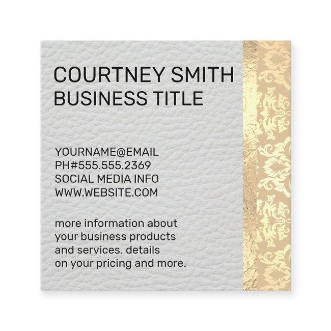 Gold Foil Metallic Trim Damask White Leather Square