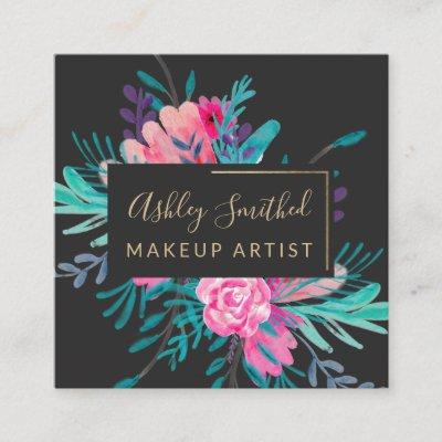 Gold frame Pink floral watercolor makeup square Square
