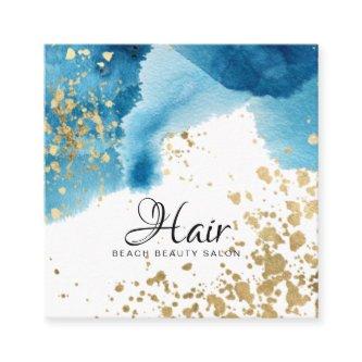 *~*  Gold Glitter Abstract Beach Blue Watercolor Square