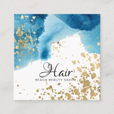 *~*  Gold Glitter Abstract Beach Blue Watercolor Square